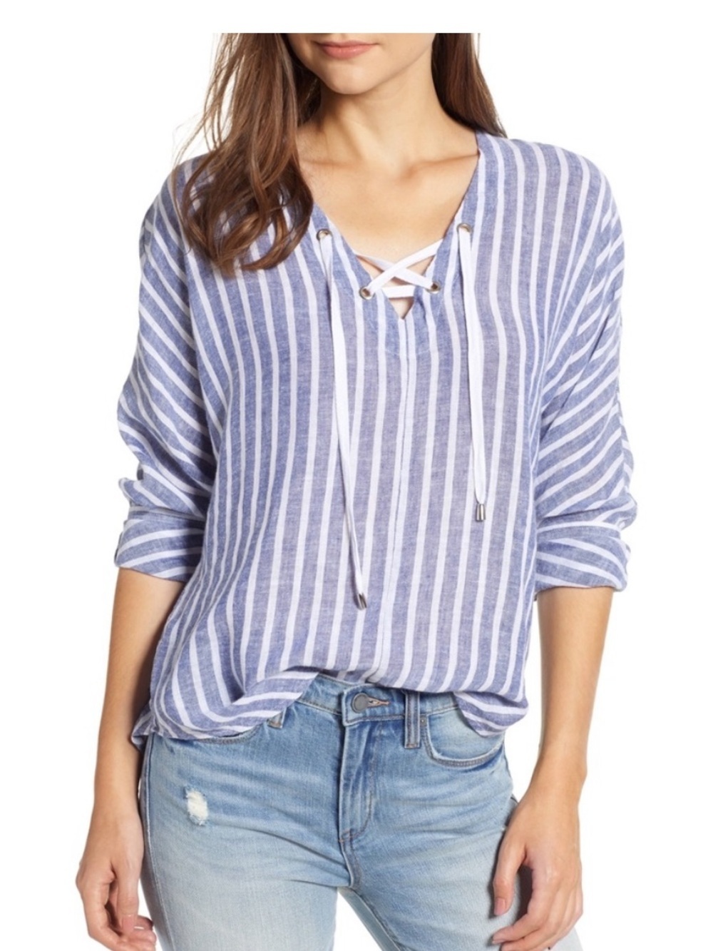 Rails Striped Lace-Up Tunic in Blue and White x small - Picture 1 of 6
